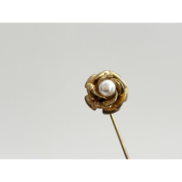 XL Petaled Rose Floral Faux Pearl Gold T Vintage Stick Pin | Hat Pin | Lapel Pin - Picture 6 of 10